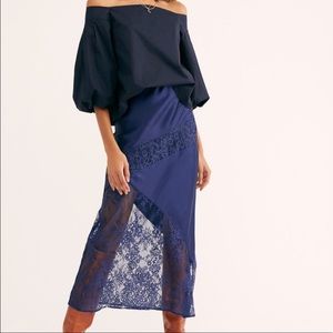 Free People x Nightcap Clothing 100% silk Navy Lace midi skirt